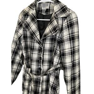 Miss Lili Womens Black White Plaid Waist Length Peacoat Tie Belt MED Wool Preppy